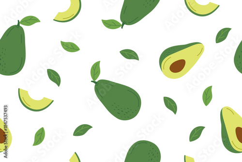 Avocado seamless pattern. Nature background of avocado isolated on white. Gardening, farming and food concept. Vector flat banner. 