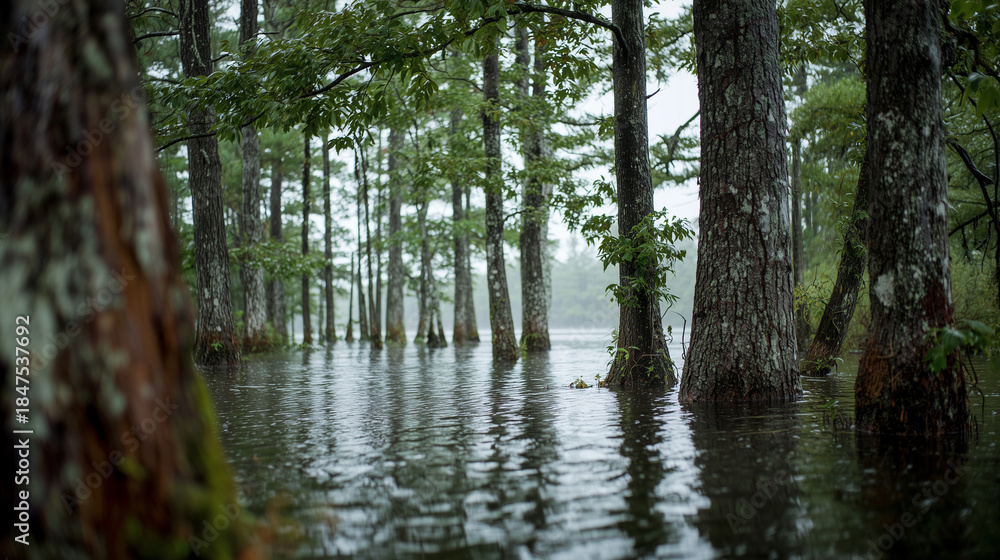 Obraz premium Flooded forest with trees standing in water.