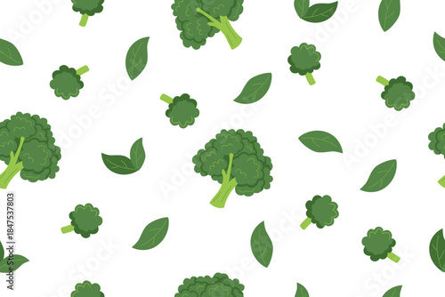 Broccoli vegetable seamless pattern. Nature background of brocolli isolated on white. Gardening, farming and food concept. Vector flat banner. 