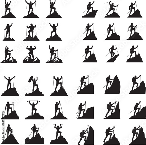 “Mountain Climber at Peak Silhouette – Summit Achievement, Goal, Success Icon”