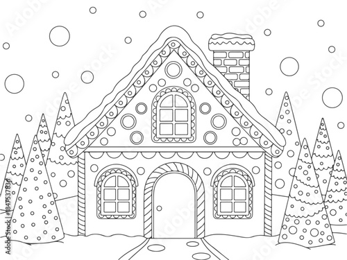 A charming gingerbread house adorned with festive decorations and surrounded by snow-covered pine trees, perfect for a winter holiday coloring page.