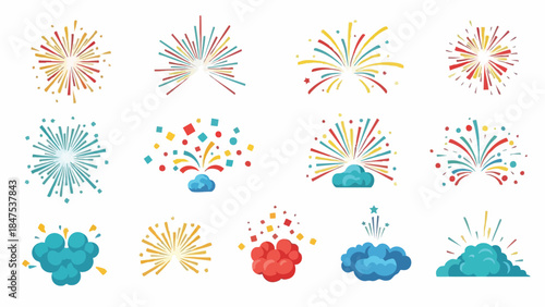 Colorful graphic illustrations of various fireworks and explosions on a white background in a flat 2D style.