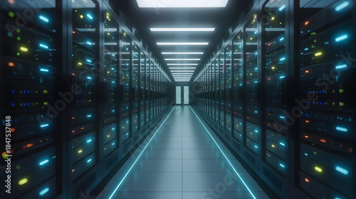 Futuristic data center corridor with endless rows of server racks, glowing blue LED lights, reflective floor, strong perspective leading to a bright vanishing point, ultra-modern technology