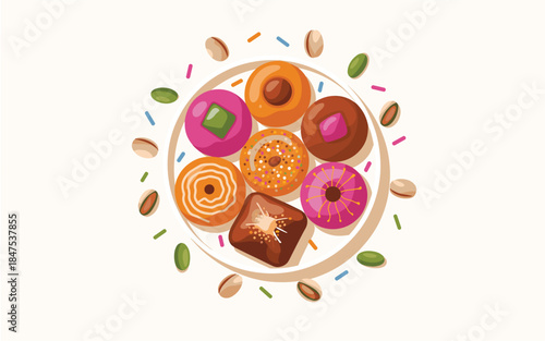 Colorful donuts and nuts on a plate with sprinkles