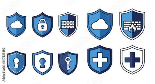 Collection of blue shield icons representing security and protection concepts