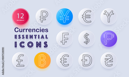 Currencies set icon. Ruble, yen, euro, yuan, franc, dollar, peso, pound, bitcoin, lira, dong, hryvnia drawn in minimal monetary symbol outline theme.