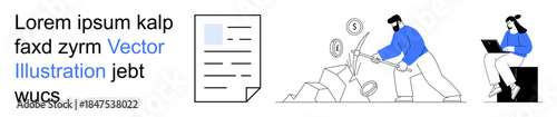 Finance, remote work, cryptocurrency, data analysis, productivity, digital economy. A document, a figure mining coins and a person with a laptop. Finance and cryptocurrency focus