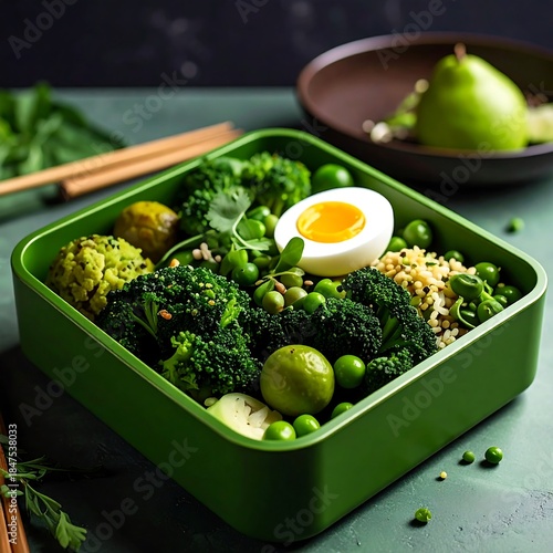 Nutritious Green Bento Box Meal with Broccoli, Egg, and Peas