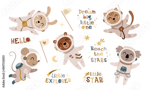 Cute animal astronauts and inspirational motivational phrases for kids space design. Cosmic adventure clipart in cartoon style. Vector illustration.