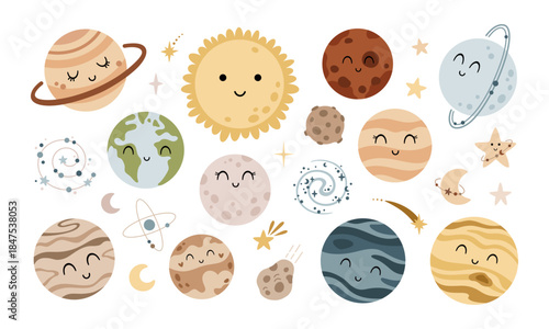 Cute planets and solar system clipart set for kids space design in cartoon style. Cosmos vector illustration.