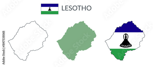 Lesotho geographical borders isolated on white background. Flag of Lesotho. Vector flat cliparts.