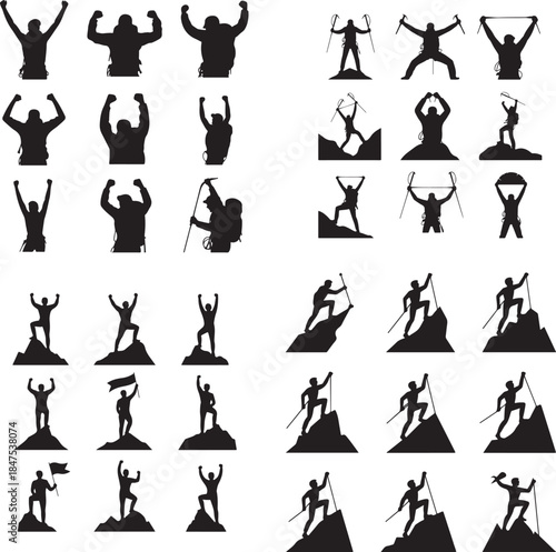 “Mountain Climber at Peak Silhouette – Summit Achievement, Goal, Success Icon”