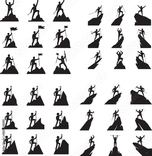 “Mountain Climber at Peak Silhouette – Summit Achievement, Goal, Success Icon”