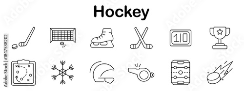 Hockey set icon. Line style elements showing puck, stick, goal, whistle, strategy, scoreboard, ice skates, trophy, snowflake, and arena symbols