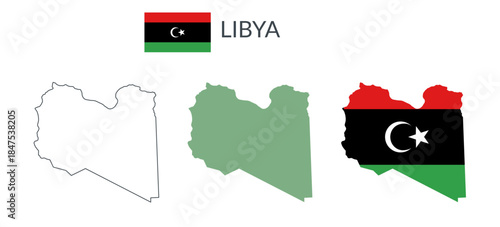 Libya geographical borders isolated on white background. Flag of Libya. Vector flat cliparts.