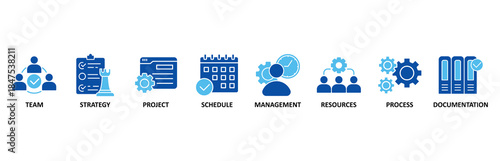 Work flow banner web icon set In Blue Style vector illustration foricon of team, strategy, project, schedule, management, resources, process, documentation