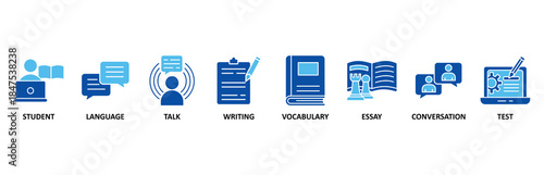English class banner web icon set In Blue Style vector illustration foricon of student, language, talk, writing, vocabulary, essay, conversation, test