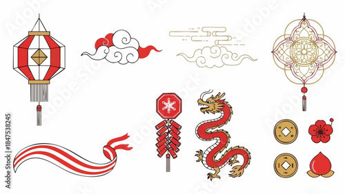 Flat lay of various traditional Chinese New Year decorations on a white background with red and gold accents.