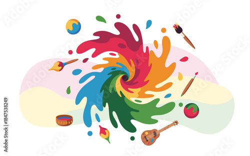 Vibrant artistic swirl with paintbrushes and musical instruments