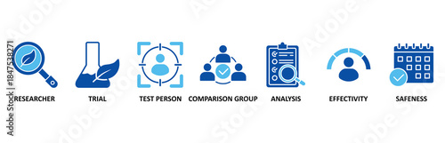 Clinical study banner web icon set In Blue Style vector illustration forclinical trial research with an icon of researcher, trial, test person, comparison group, analysis, effectivity, and safeness