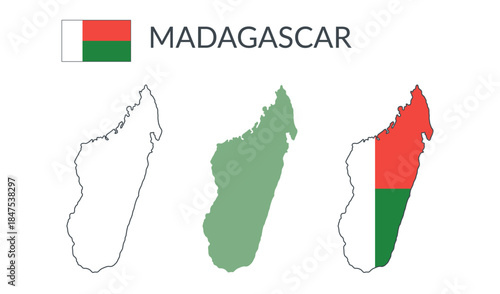 Madagascar geographical borders isolated on white background. Flag of Madagascar. Vector flat cliparts.