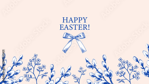 Happy Easter vintage hand drawn banner with cherry and willow branches. Greeting card and invitation design. Retro sketch vector illustration