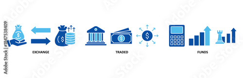 ETF banner web icon set In Blue Style vector illustration for Exchange Traded Funds Stock Market Investment with icon of money, cash flow, trading, transaction, bank, accounting, and growth