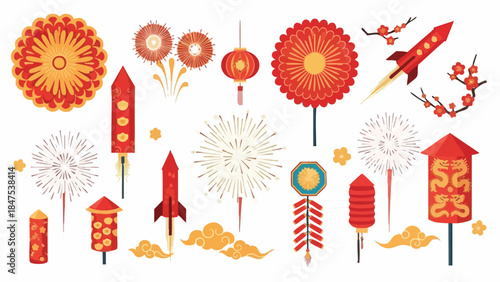 Colorful illustration of various firework designs in red, orange, and white hues on a white background.