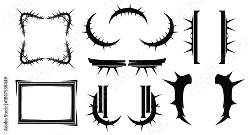 A collection of thorny graphic design elements and frames.