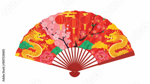 Vibrant red hand fan with dragon and floral designs on a white background.