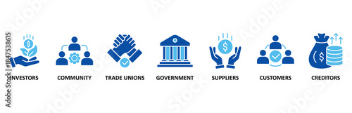 Stakeholder relationship banner web icon set In Blue Style vector illustration forstakeholder, investor, government, and creditors with icon of community, trade unions, suppliers, and customers