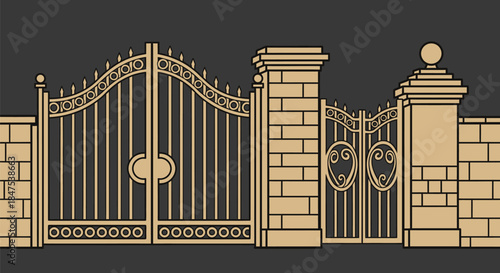 An ornate wrought iron gate stands beside a brick pillar.