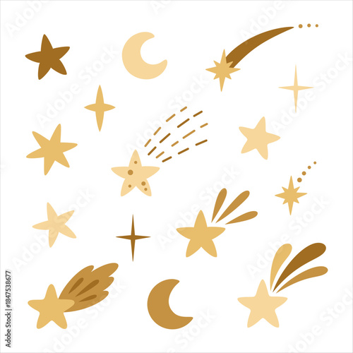 Celestial clipart set with golden stars, moon, comets for space design. Night sky elements, Minimal cosmic illustration in cartoon style.