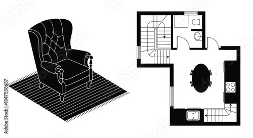 A black and white illustration of an armchair on a rug and a floor plan.