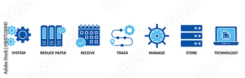 Document management banner web icon set In Blue Style vector illustration foricon of system, reduce paper, receive, track, manage, store, cloud and technology