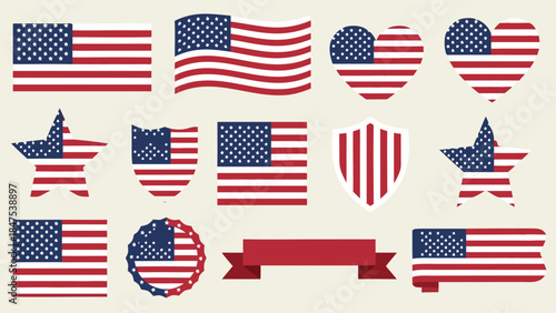 Collection of diverse american flag designs and patriotic symbols for national celebrations