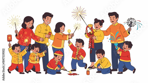 Illustration of a diverse group of people, including adults and children, celebrating with fireworks and sparklers in traditional attire on a white background.