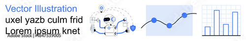 Data visualization, artificial intelligence, analytics, statistics, technology, automation. Graphs, charts and a robot with connected elements. Data visualization and artificial intelligence theme