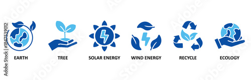 Environment banner web icon set In Blue Style vector illustration foricon of earth, tree, solar energy, wind energy, recycle, ecology