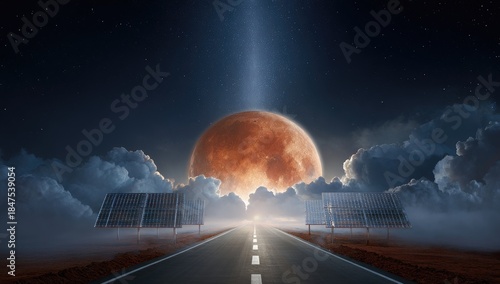Eerie reddish moon rises beyond clouds on a desolate road lined with solar panels under starry, blue-lit sky