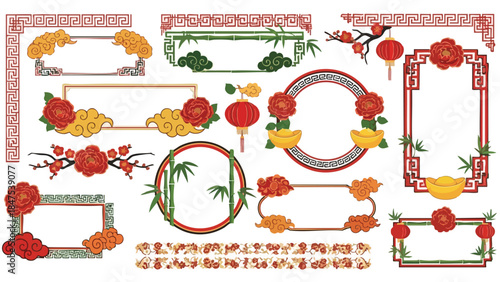 Collection of ornate frames and borders with floral motifs, leaves, and geometric patterns in red, gold, and green hues on a white background.