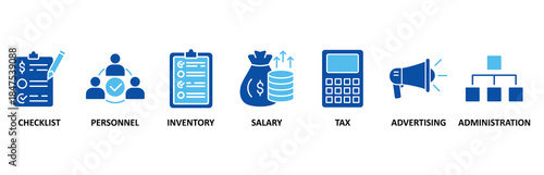 Cost reduction banner web icon set In Blue Style vector illustration foricon of checklist, personnel, inventory, salary, tax, advertising and administration