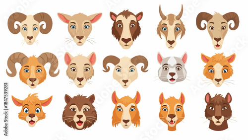 Collection of 14 cartoon animal heads with horns on a white background in a flat lay composition.