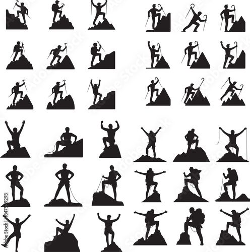 “Mountain Climber at Peak Silhouette – Summit Achievement, Goal, Success Icon”