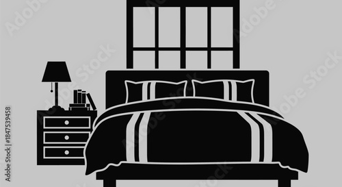 A bedroom scene with a bed, nightstand, and window is depicted.