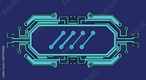 Abstract digital circuit board design with blue lines on dark blue background.