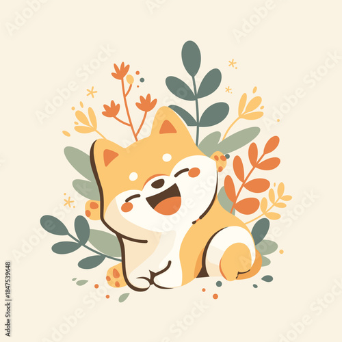 Happy Shiba Inu Puppy Surrounded by Colorful Flowers and Leaves.