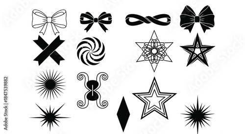 A collection of graphic design elements, including bows and stars.