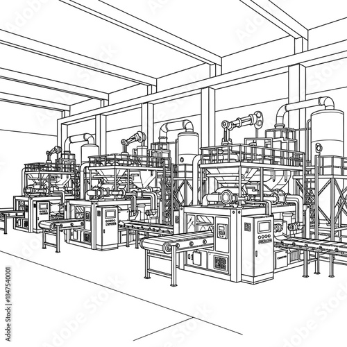 A detailed line art rendering of a high-tech automated factory floor, featuring multiple advanced manufacturing machines and robotic systems at work.