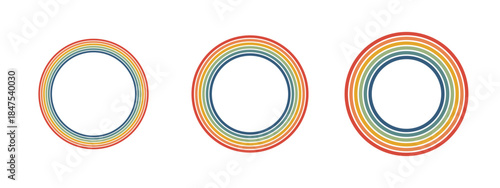 Groovy 70s round frames with rainbow borders. Psychedelic retro circular designs perfect for posters, text, and vibrant vintage graphics in funky 1970s style.